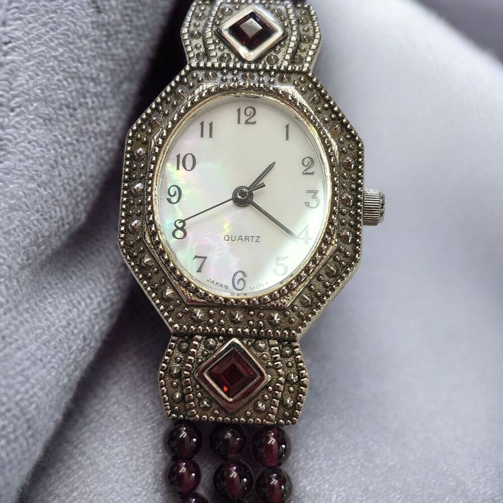 VTG 90s Avon Watch Stainless Steel and Garnet Mother Of Pearl Face New Battery